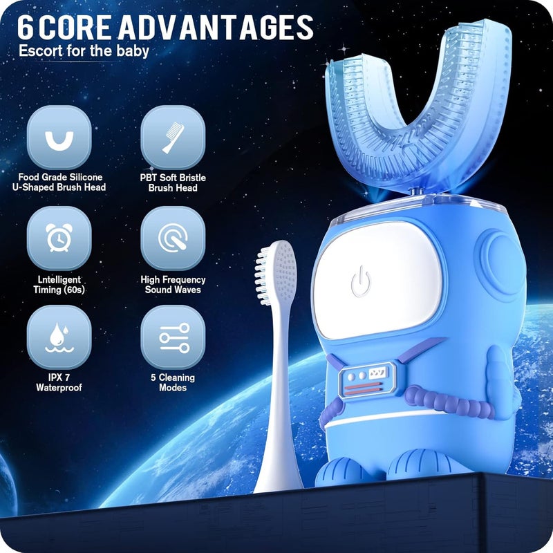 RexCodar Ultrasonic Kid's U-Shaped Electric Toothbrush, IPX7 Waterproof, Five Cleaning Modes, Cartoon Astronaut, 60S Smart Reminder (2-6 Age (Blue)) - Image 2